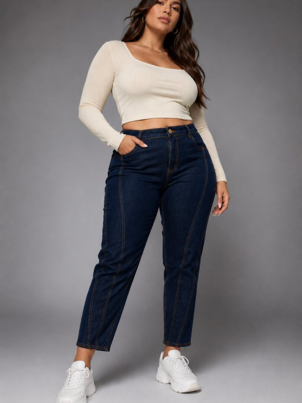 NWT PrettyLittleThing Dark Wash High Rise Seam Detail Jeans Tapered XL